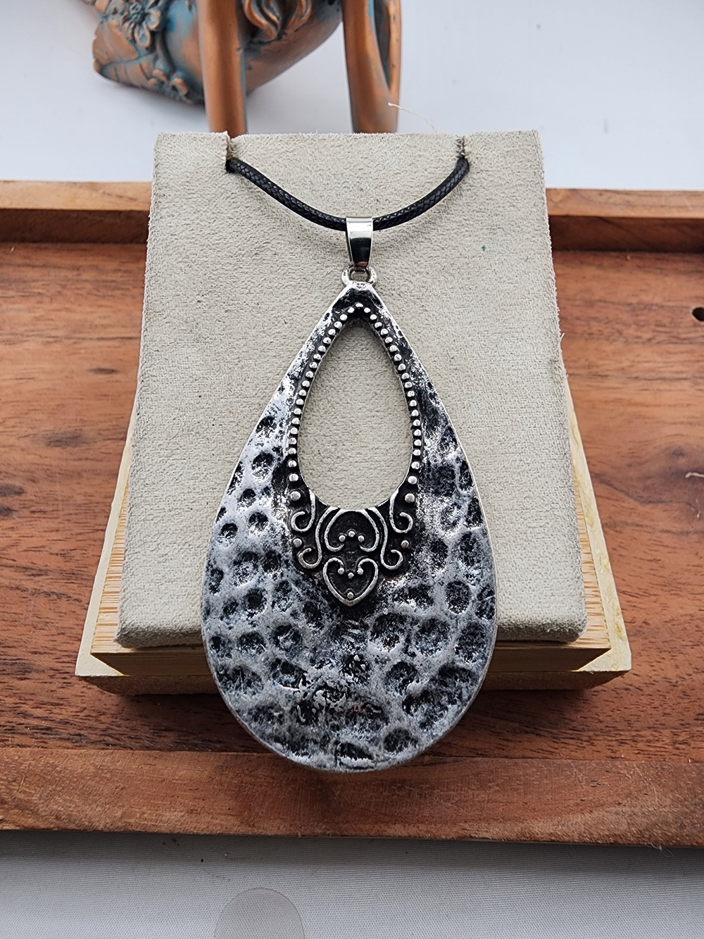 Textured Black and Silver Teardrop Statement Necklace
